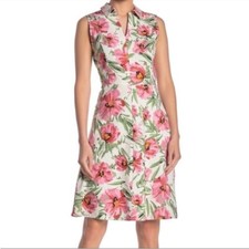 T Tahari Floral Print Linen Blend A-Line Dress Knee Length Sleeveless Collar 12