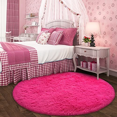 Round Rug for Girls Bedroom, Fluffy Circle Rug 4'X4' for Kids 4x4 Feet Hot Pink - Picture 7 of 8