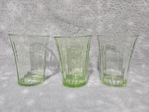 Set of 3 Uranium Green Depression Vaseline Glass Tumblers - 1 Is Chipped