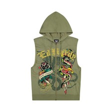 Ed Hardy Jacket Vest Mens Olive S Full Zip Sleeveless Dagger Tattoo Snake Hoodie