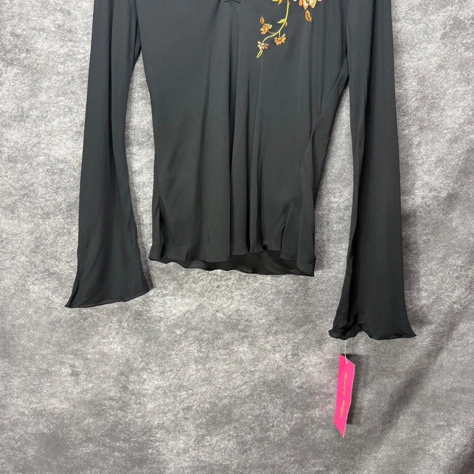 Top de seda Y2K Sunny Leigh para mujer M negro manga campana bordado floral hada Foto 2 de 4