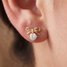 Gold Plated Moissanite Bow Stud Earrings, 925 Silver Minimalist Gemstone Studs