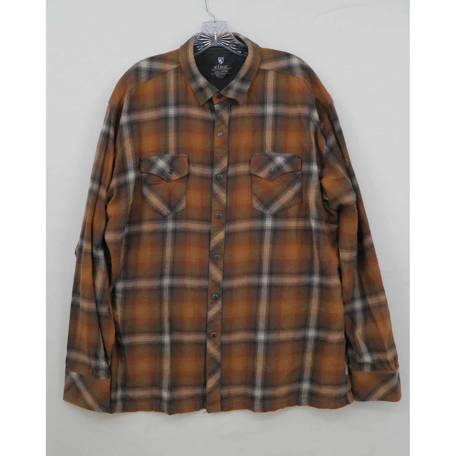 KUHL Mens XXL Brown Orange Plaid Long Sleeve Button Down Outdoor Flannel Shirt