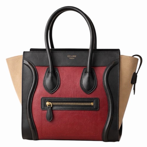 Celine Tricolor Mini Luggage Tote Bag Calf Leather Suede Rust Red Black Women