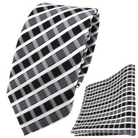 Schmale Tigertie Krawatte +Einstecktuch In Anthrazit Grau Silber Weiss Gestreift