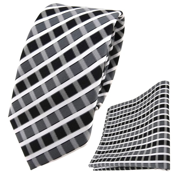 Schmale Tigertie Krawatte +Einstecktuch In Anthrazit Grau Silber Weiss Gestreift-image