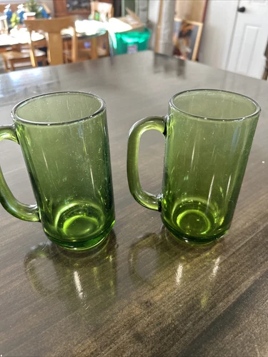 2 Hazel Atlas Retro D Handle Drinking Beer Glass Mugs Avocado Green Vintage
