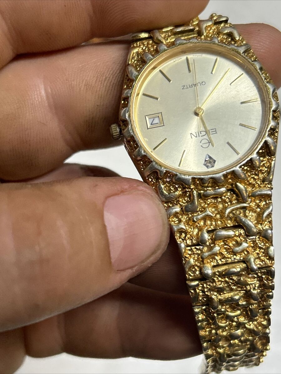 Elgin Diamond Dial NOS Quartz Watch Gold Nugget Working Elgin Diamond Dial NOS Quartz Watch Gold Nugget Working