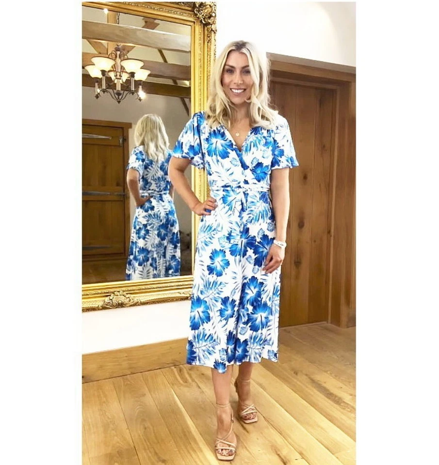 Azul Nuevo Floral Forrado Manga con Vuelos Rodilla Longitud Ajustado y Vestido - Imagen 4 de 4