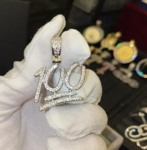 3.5Ct Moissanite Emoji 100 Pendant Mens 14k White Gold Plated 925 silver 18'20'