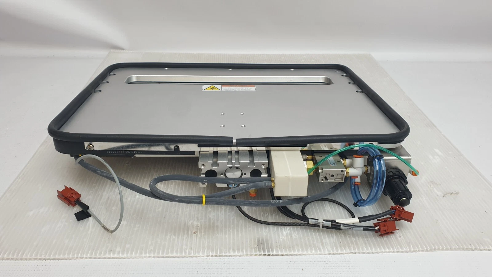 Side view of the AMAT 0020-02590 gate assembly with cylinder, valves and red connectors
