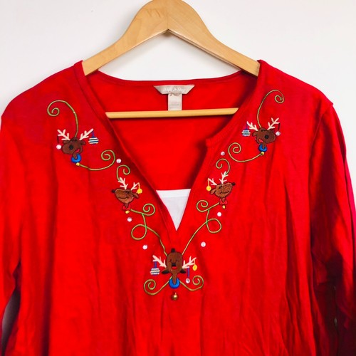 White Stag Womens Christmas Reindeer 3/4 Sleeve Shirt Cotton Blend Red 2X 18/20W - Picture 2 of 4
