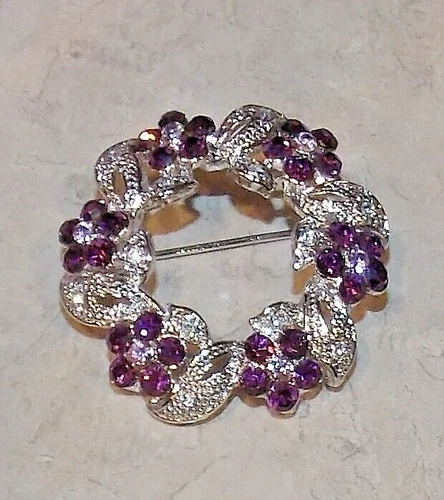Vintage Styled Purple Rhinestone Flower Silvertone Brooch Pin Costume Jewelry