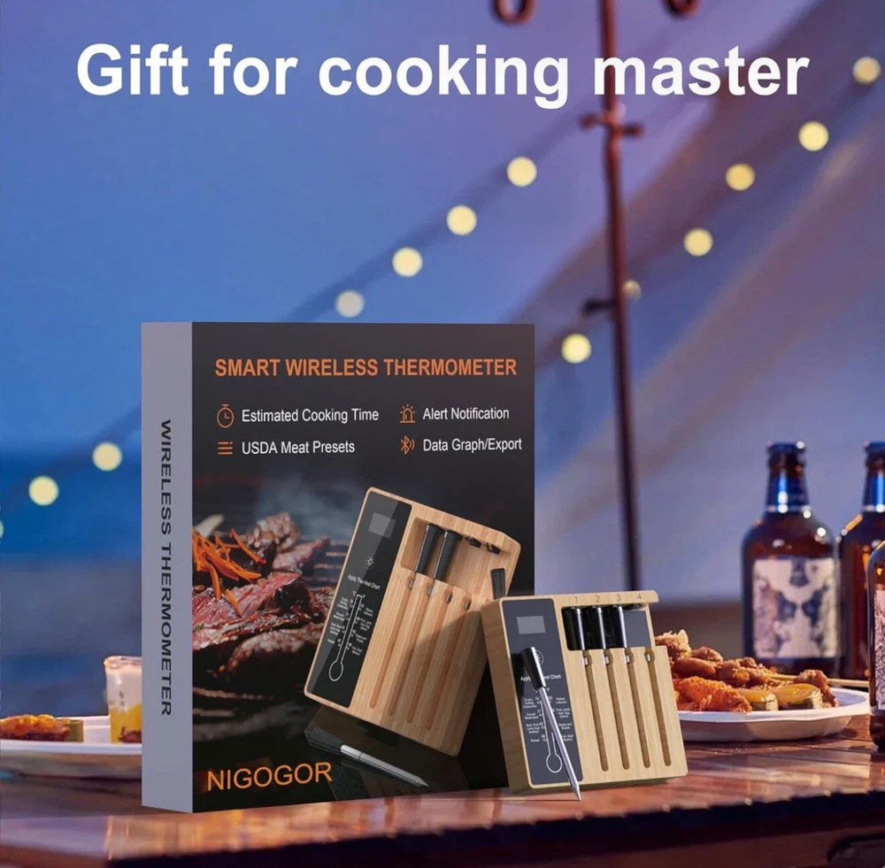 Smart Wireless Meat Thermometer with 4 Probes - Grill Monitoring via App  