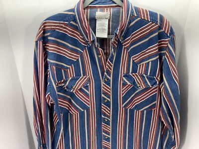 Express Rider Denim Western Shirt Men Large Red Blue Stripe
