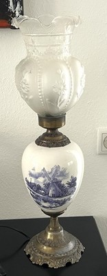 Antike Lampe Delft 60 cm, Windmühle, bemalt, Glasschirm ca. 1930?