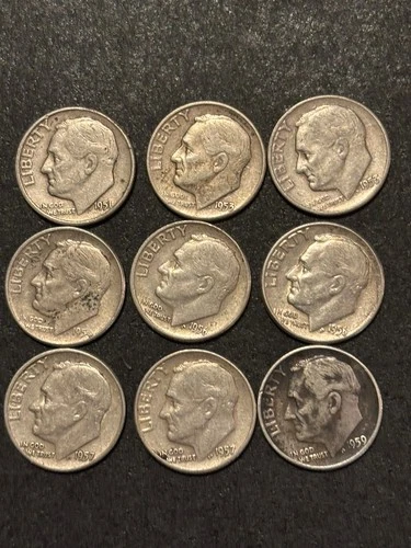 9 Roosevelt Dimes-Various Dates, No Mint Marks, VF Circulated 90% Silver