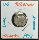 1942 - 10C Mercury Dime / 90% Silver Coin.