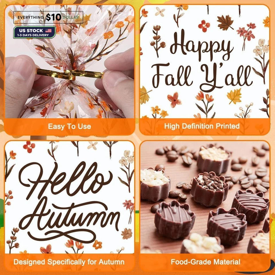 JOICEE 120 PCS Fall Cellophane Treat Bags, 1 Count (Pack of 120), Brown Foto 3 de 4