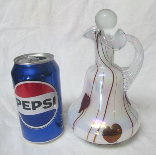 Vintage Gibson Red Hanging Heart Iridized Milk Glass Art Glass Cruet-2002-EXC!