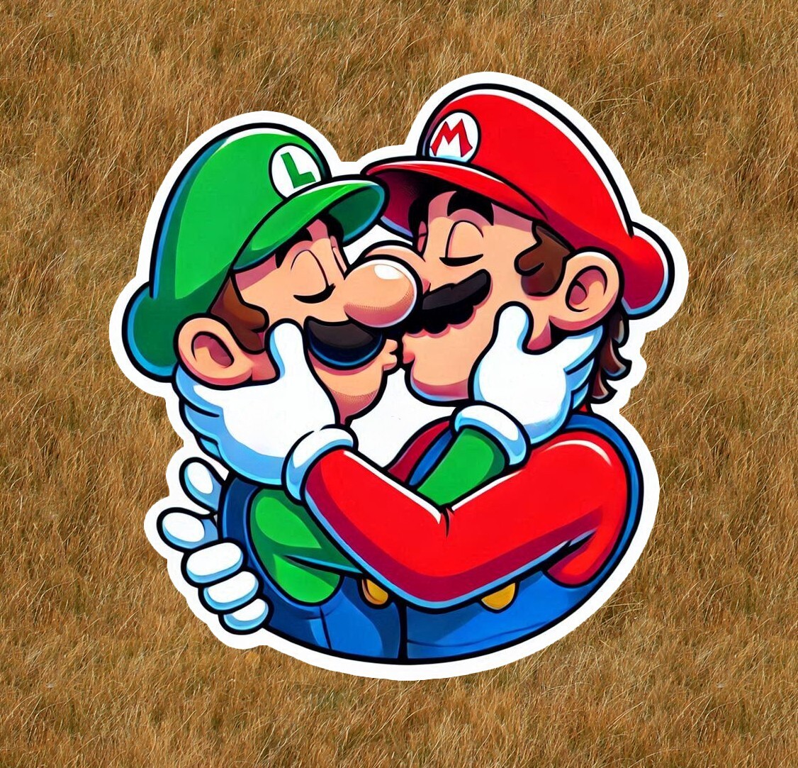 Mario kissing Luigi waterproof vinyl sticker decal in multiple sizes