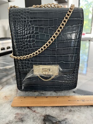 New Betsey Johnson Chain Gang Crossbody Grey 6'' x 8'' $88 Moc Croc Q2