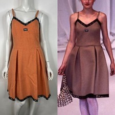 Vtg DOLCE & GABBANA AW1996 ORANGE LOGO WOOL TWEED BLACK LACE TRIM DRESS 42 M