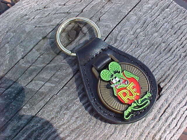 RAT FINK COLORFUL GOLD LEATHER KEY FOB OL SKOOL HOT ROD KUSTOM KULTURE NOS!