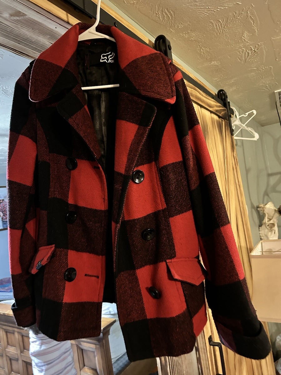 Fox Racing Y2K Women's Pea Coat Buffalo Plaid Wool Acrylic Blend