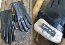 VTG GRANDOE BLACK LEATHER ACRYLIC ECRU LINED WOMEN'S GLOVES EUC CLEAN 7