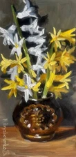 Still life Wildflower Original Oil Painting with hyacinths in ceramic vase