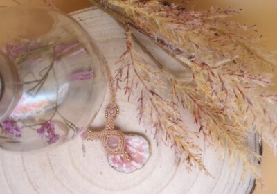 Beige Macrame Necklace Rose Quartz On Shell Brass Quartz Beads Handmade
