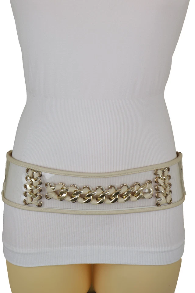 Mujeres Crema Correa Elástica Estilo Femenino Adolescentes Cinturón Metal Dorado Cadena Eslabones S M Foto 4 de 4