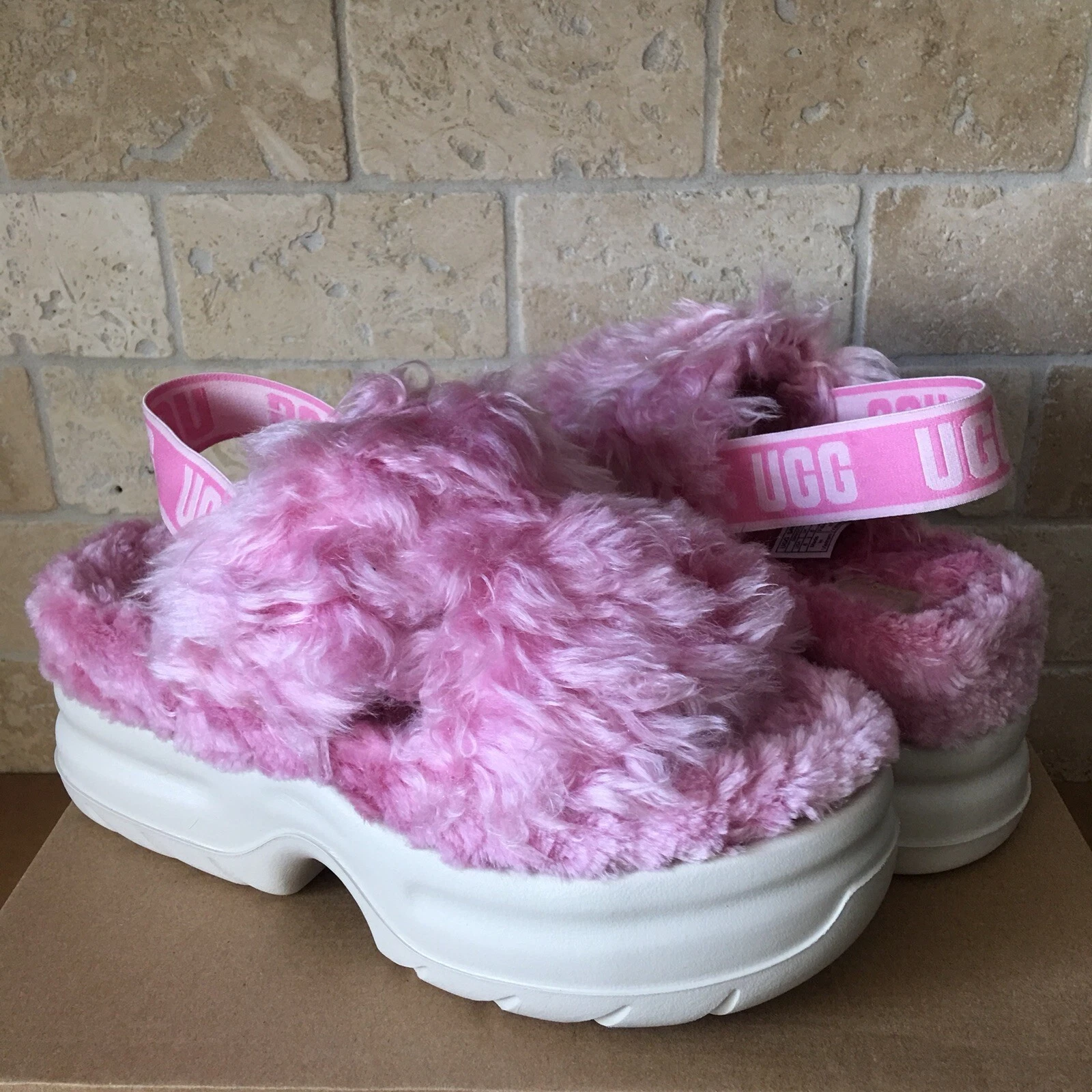 UGG ROSA LANUGINE ZUCCHERO PLATEAU SLIDE PELLICCIA SINTETICA 3” SANDALO SCARPA PANTOFOLA DONNA 10
