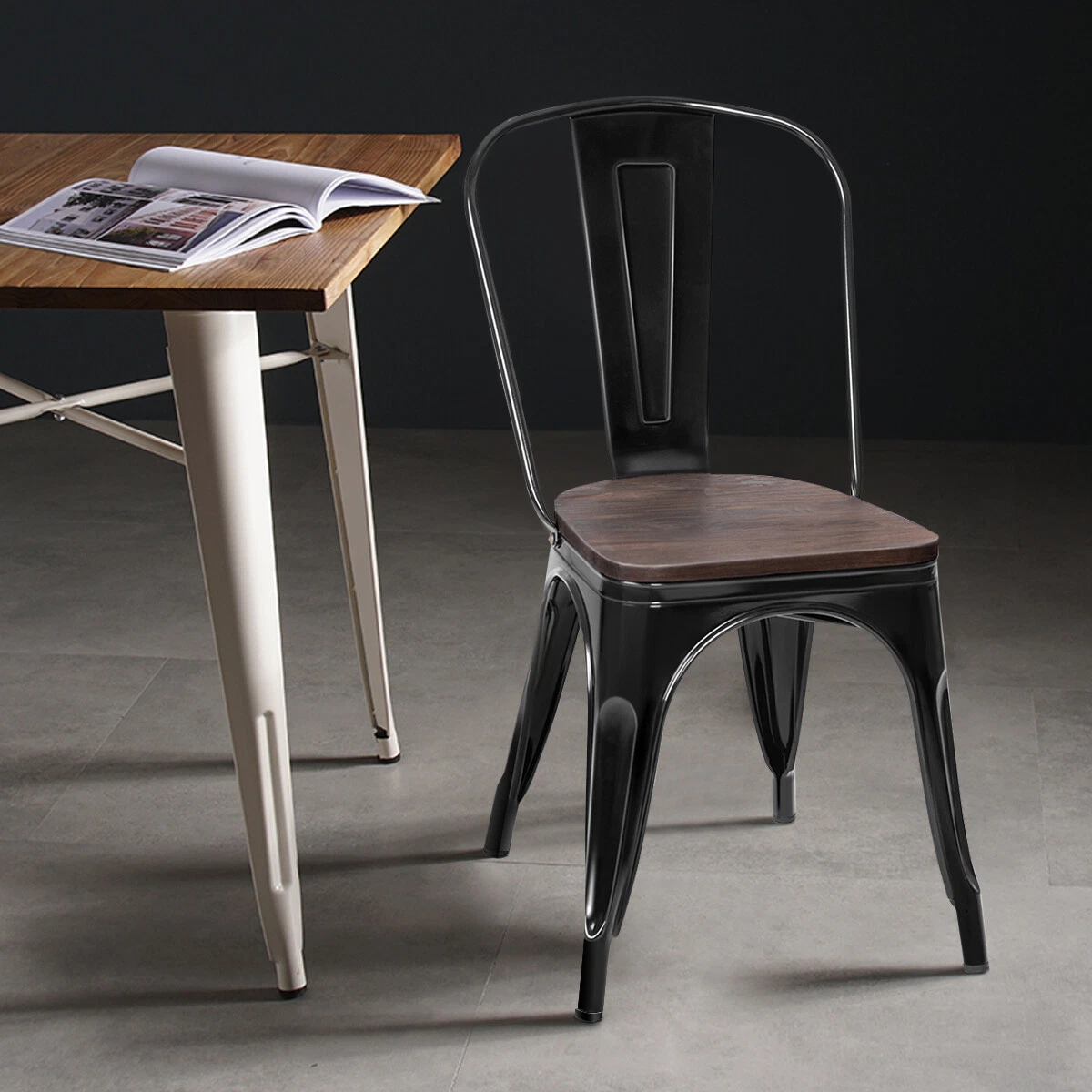 Costway set of 4 style metal dining side chair wood seat stackable bistro cafe deals