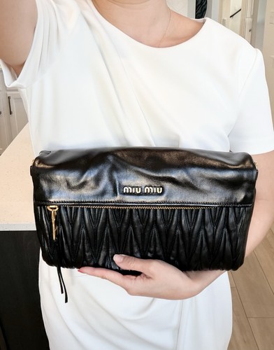 Auth MIU MIU Matelasse Large Black Fold-Over Clutch w/ Non-Branded Leather Chain
