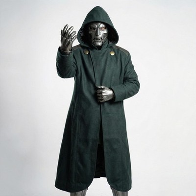 Dr Doom Cosplay Coat Men Green Wool Blend Hooded Cape Costume Jacket