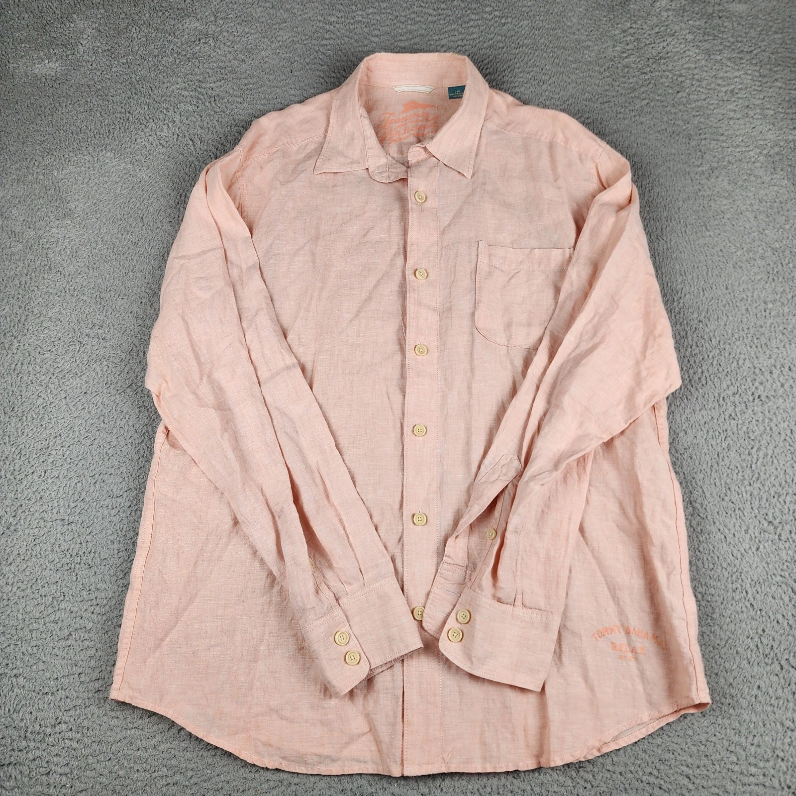 Tommy Bahama Shirt Mens Large Pink Linen Long Sleeve Hawaiian Beach
