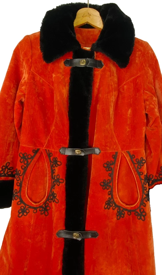 Vintage 1960s red princess coat velour black faux fur collar cuffs long orange S - Image 2 of 4