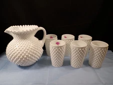 Fenton Milk Glass Hobnail Water Set - Large 80 Oz Pitcher Jug & Six Tumblers