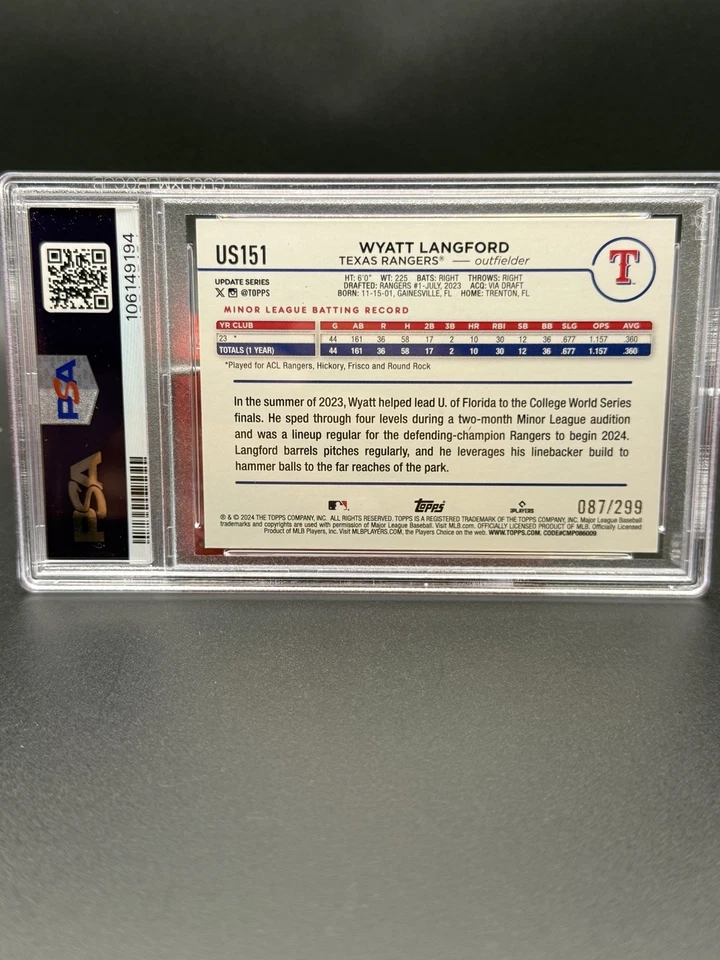 2024 Topps Update Wyatt Langford RC Orange Crackle Foil /299 Rangers PSA 9 - Image 2 of 2