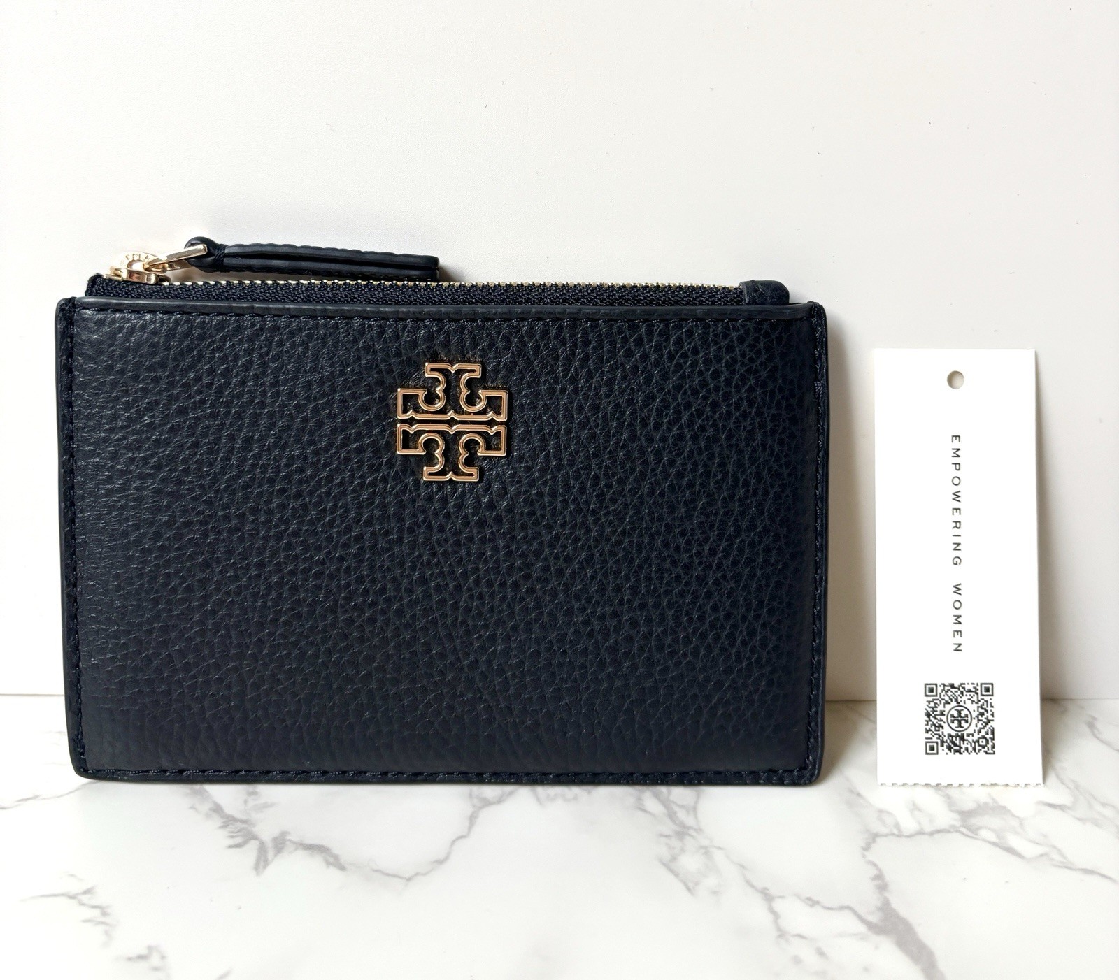 New Tory Burch Pebbled Leather Zip Card Case Wallet Black Gold Hardware thumbnail 3
