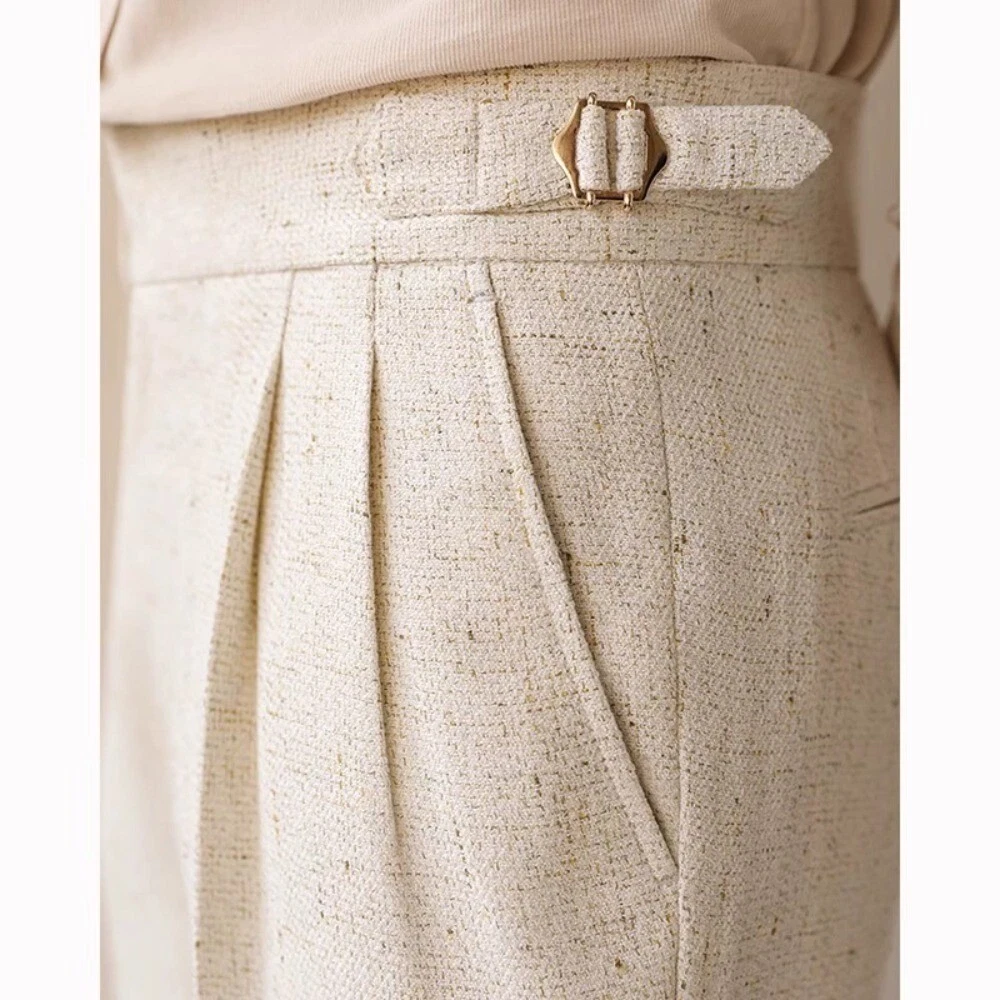 Linen Beige Air Breathable Men Pants with Belt Pleated Formal Tuxedo 9-Point