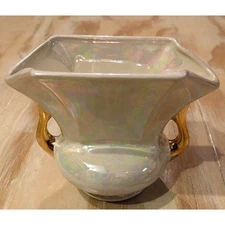 Vintage Pioneer Pottery Pearl Iridescent Vase 22k Gold Handles USA 4.5"