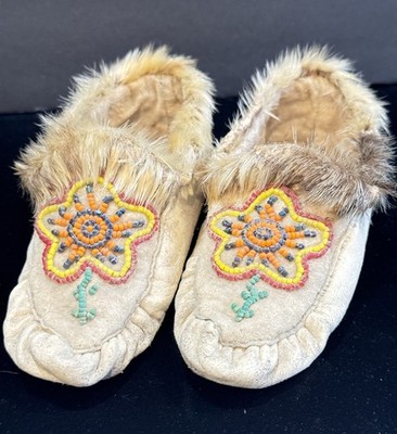 Old Native American Beaded Child's Moccasins Suede Northwest or Inuit Alaska