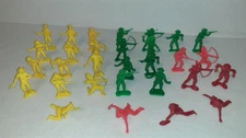 Lot of 30 Tim Mee Plastic Cowboys & Indians Red Green Yellow 2.5" 1/32 [VINTAGE]