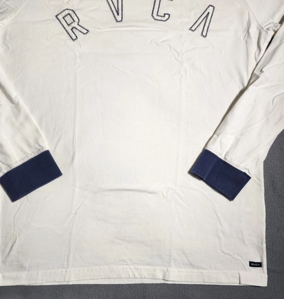 RVCA T-Shirt Men Medium Off White Blue Long Sleeve Tee Logo Pull Over Crew Neck - Image 3 of 4