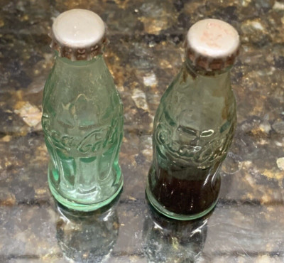 Two Vintage Coca-Cola Small Miniature Glass Pop Coke Bottles 2.5'' Metal Caps