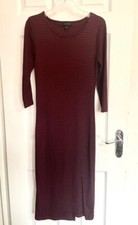 Burgundy Horizontal Striped Mid Length 3/4 Sleeve Fitted Dress Size 14 uk