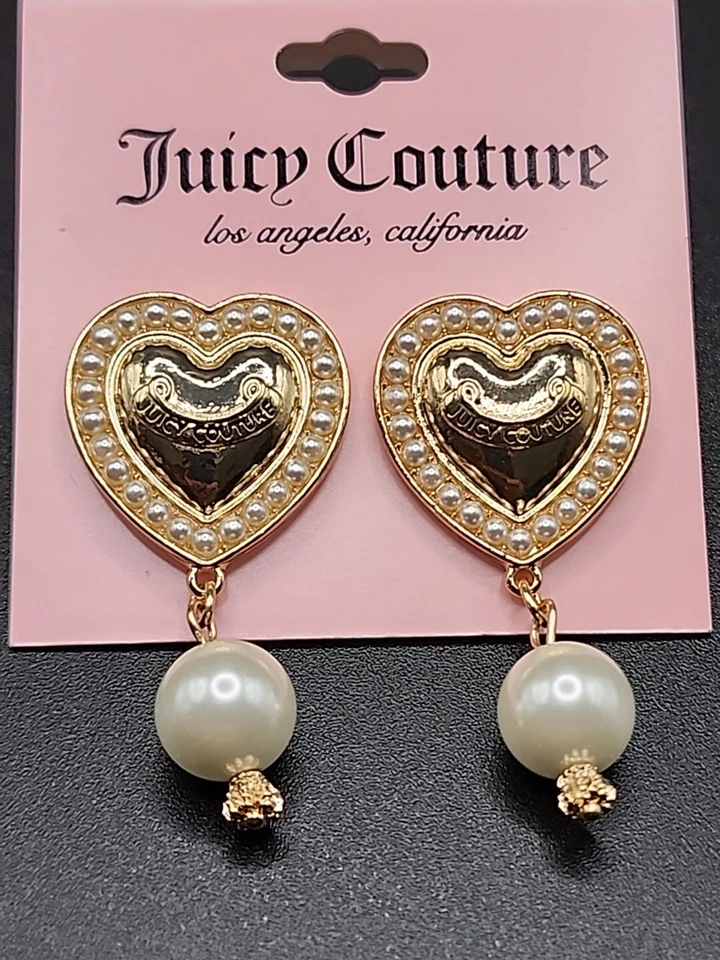 Juicy Couture Gold tone Pearl Heart With Logo Dangle Statement Earrings New - Image 3 of 4